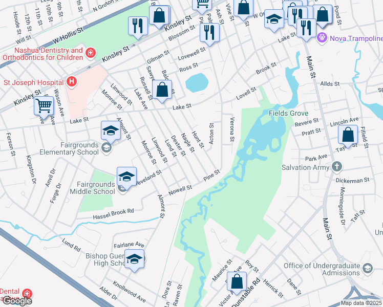 map of restaurants, bars, coffee shops, grocery stores, and more near 59 Nagle Street in Nashua