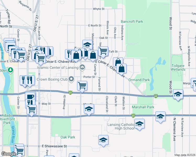 map of restaurants, bars, coffee shops, grocery stores, and more near 1103 Camp Street in Lansing