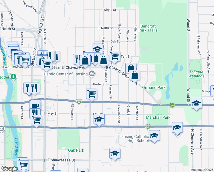 map of restaurants, bars, coffee shops, grocery stores, and more near 1103 Camp Street in Lansing