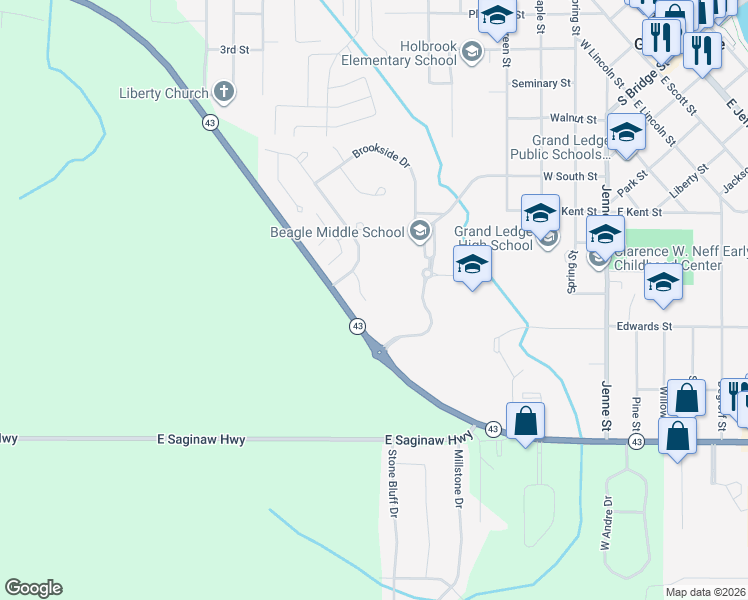 map of restaurants, bars, coffee shops, grocery stores, and more near 122 Registry Drive in Grand Ledge