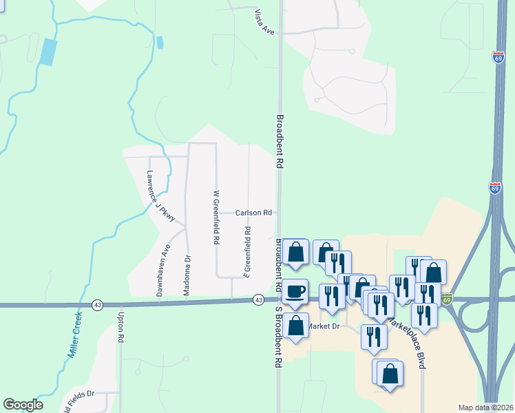 map of restaurants, bars, coffee shops, grocery stores, and more near 7937 Carlson Road in Lansing
