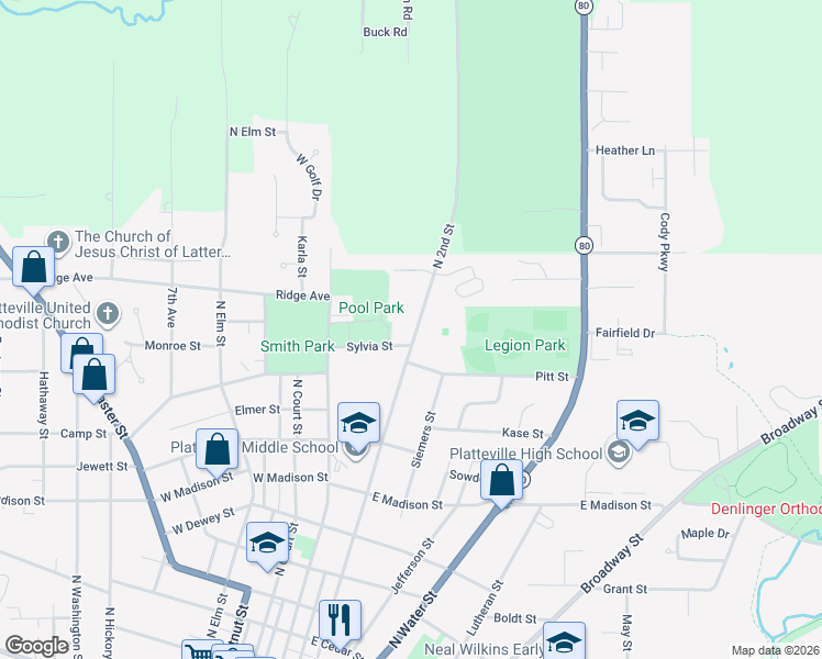 map of restaurants, bars, coffee shops, grocery stores, and more near 1220 North 2nd Street in Platteville
