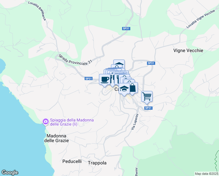 map of restaurants, bars, coffee shops, grocery stores, and more near 19 Vicolo Galliano in Capoliveri
