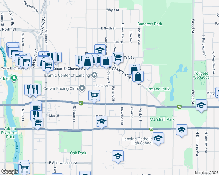 map of restaurants, bars, coffee shops, grocery stores, and more near 1103 Camp Street in Lansing