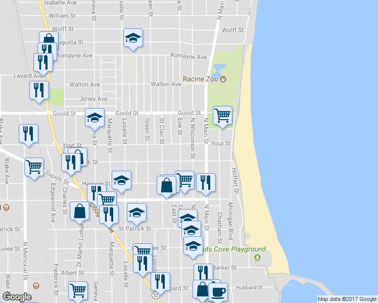 map of restaurants, bars, coffee shops, grocery stores, and more near 1918 North Wisconsin Street in Racine