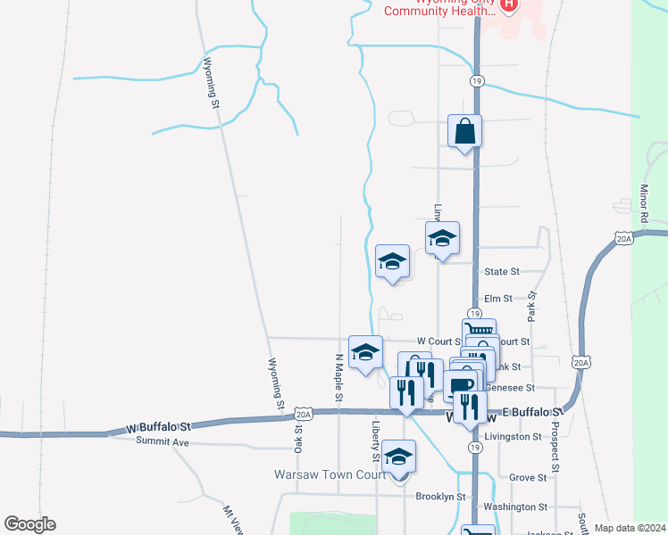 map of restaurants, bars, coffee shops, grocery stores, and more near 151 North Maple Street in Warsaw