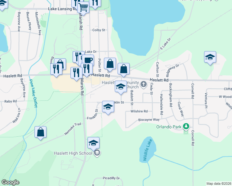 map of restaurants, bars, coffee shops, grocery stores, and more near 5645 School Street in Meridian charter Township