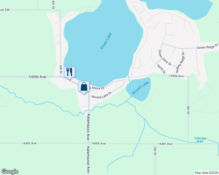 map of restaurants, bars, coffee shops, grocery stores, and more near 526 South Shore Drive in Caledonia