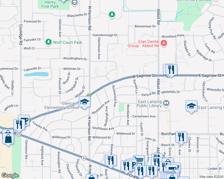 map of restaurants, bars, coffee shops, grocery stores, and more near 1063 Rosewood Ave in East Lansing