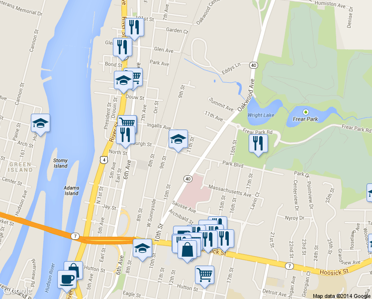 map of restaurants, bars, coffee shops, grocery stores, and more near 20 11th Street in Troy