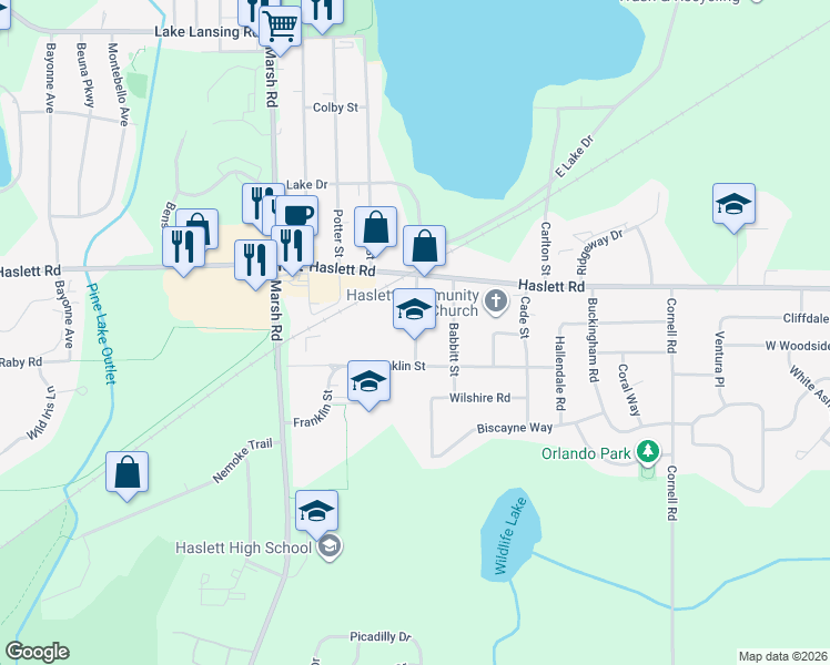 map of restaurants, bars, coffee shops, grocery stores, and more near 5645 School Street in Meridian charter Township