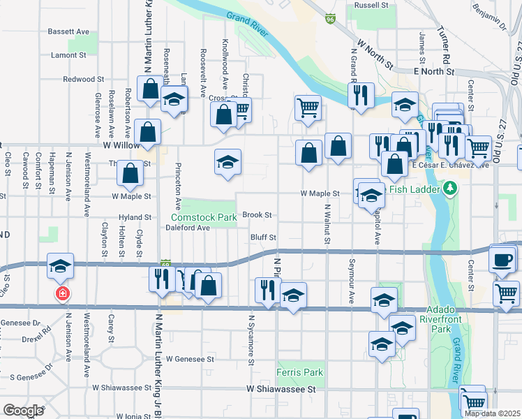 map of restaurants, bars, coffee shops, grocery stores, and more near 622 Brook St in Lansing