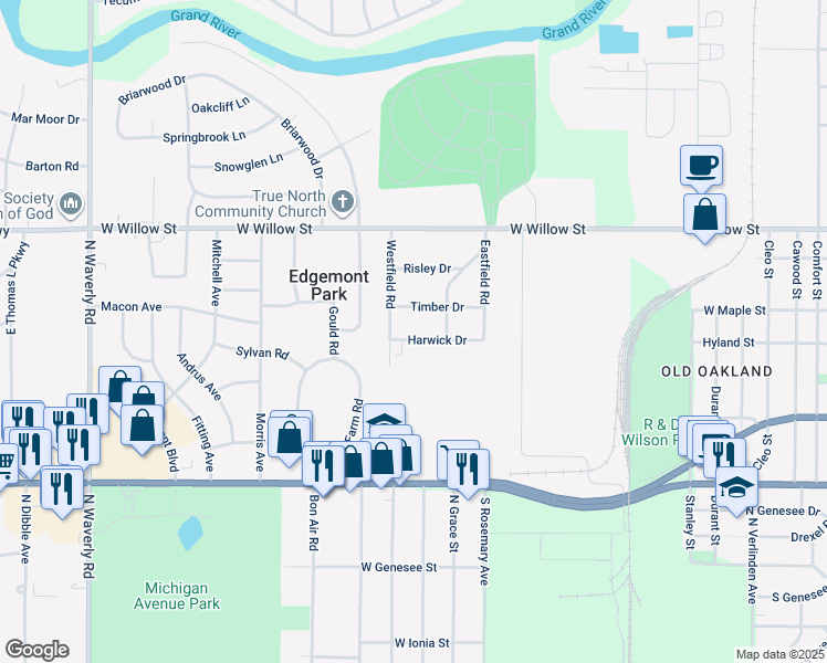 map of restaurants, bars, coffee shops, grocery stores, and more near 3006 Harwick Drive in Lansing