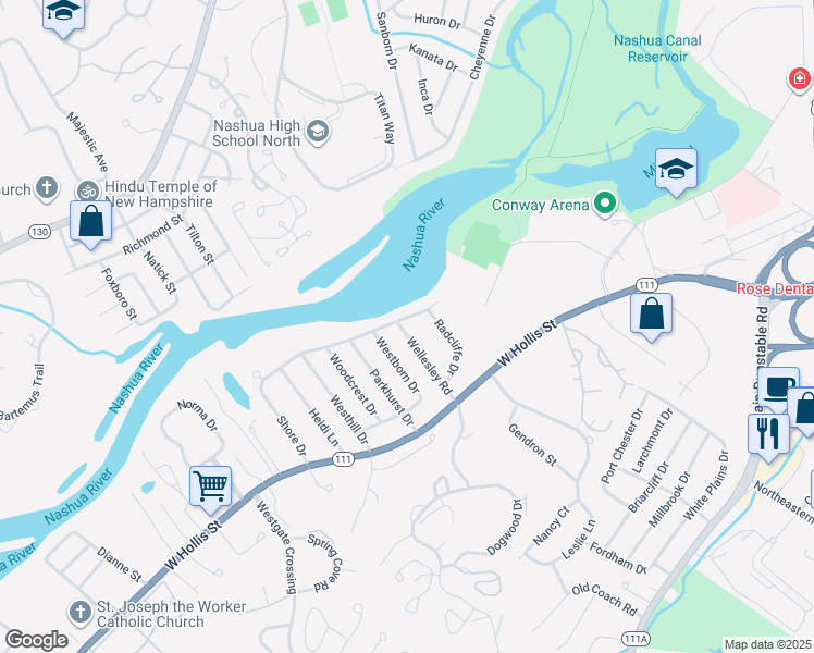 map of restaurants, bars, coffee shops, grocery stores, and more near 19 Wellesley Road in Nashua