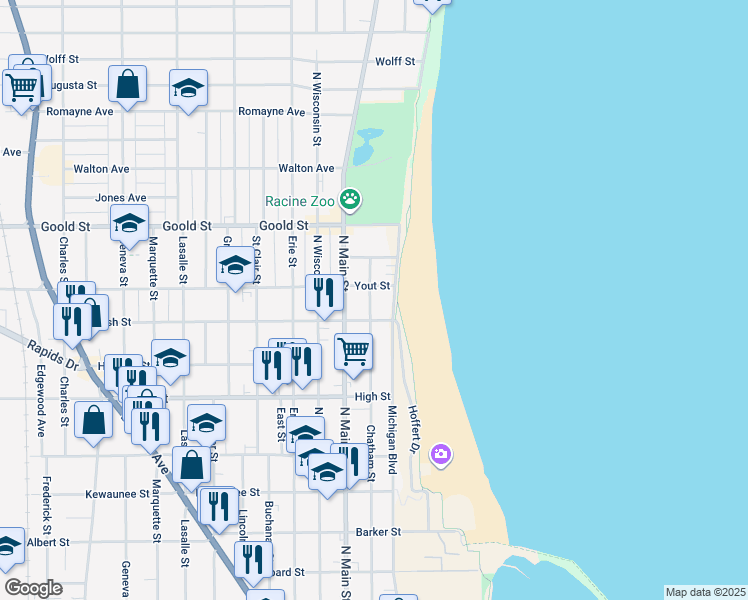 map of restaurants, bars, coffee shops, grocery stores, and more near 1919 Chatham Street in Racine