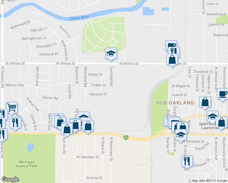map of restaurants, bars, coffee shops, grocery stores, and more near 1002 Eastfield Road in Lansing