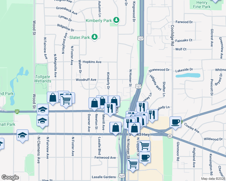 map of restaurants, bars, coffee shops, grocery stores, and more near 1035 Chester Road in Lansing