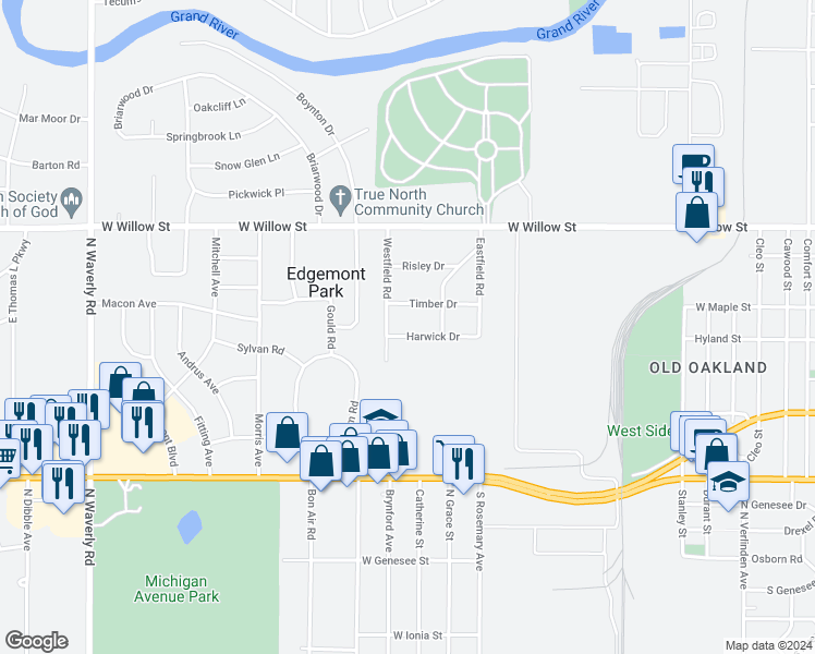 map of restaurants, bars, coffee shops, grocery stores, and more near 1010 Westfield Road in Lansing