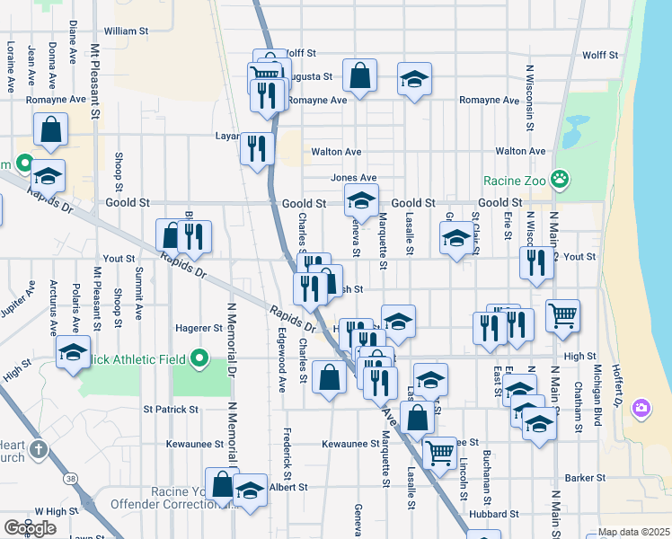 map of restaurants, bars, coffee shops, grocery stores, and more near 1211 Yout Street in Racine