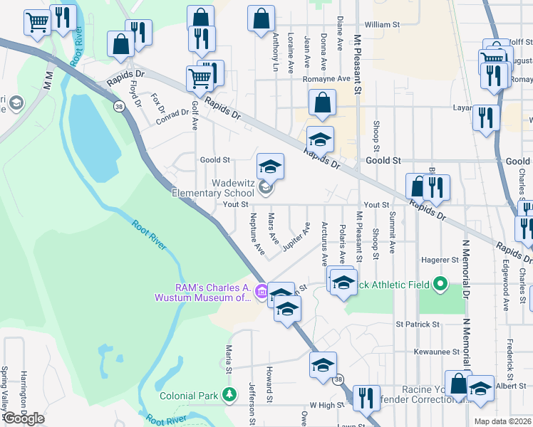 map of restaurants, bars, coffee shops, grocery stores, and more near 1949 Neptune Avenue in Racine