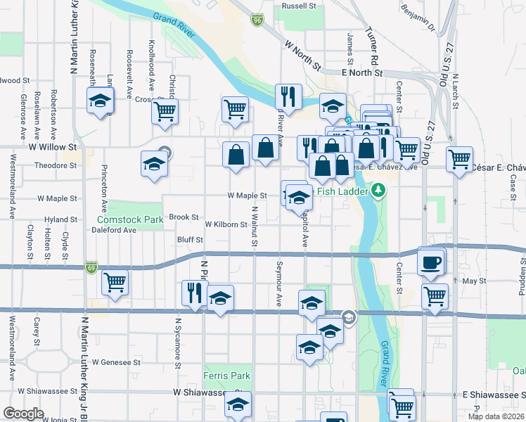 map of restaurants, bars, coffee shops, grocery stores, and more near 1012 North Walnut Street in Lansing