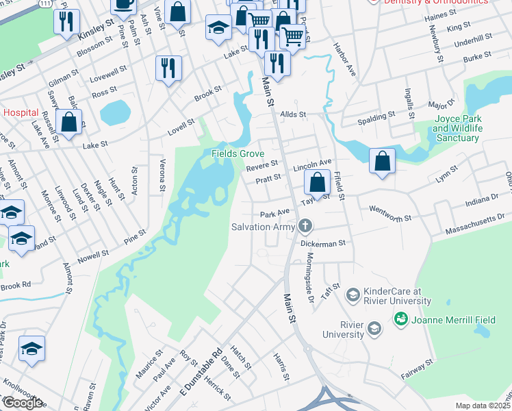 map of restaurants, bars, coffee shops, grocery stores, and more near 14 Fowell Avenue in Nashua