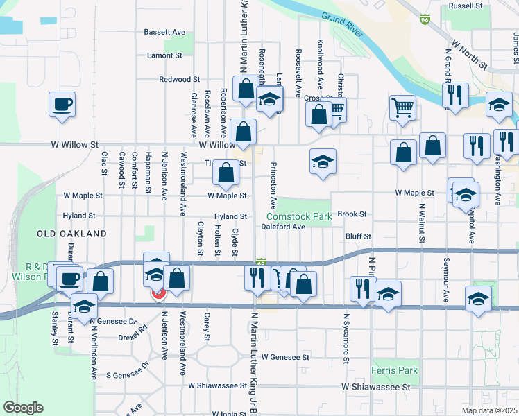 map of restaurants, bars, coffee shops, grocery stores, and more near 1014 North Martin Luther King Junior Boulevard in Lansing