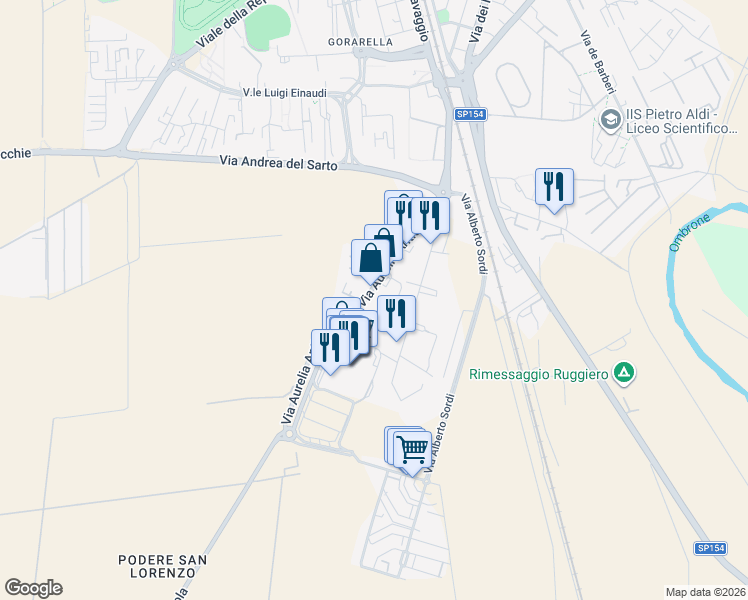 map of restaurants, bars, coffee shops, grocery stores, and more near 48 Via Aurelia Antica in Grosseto