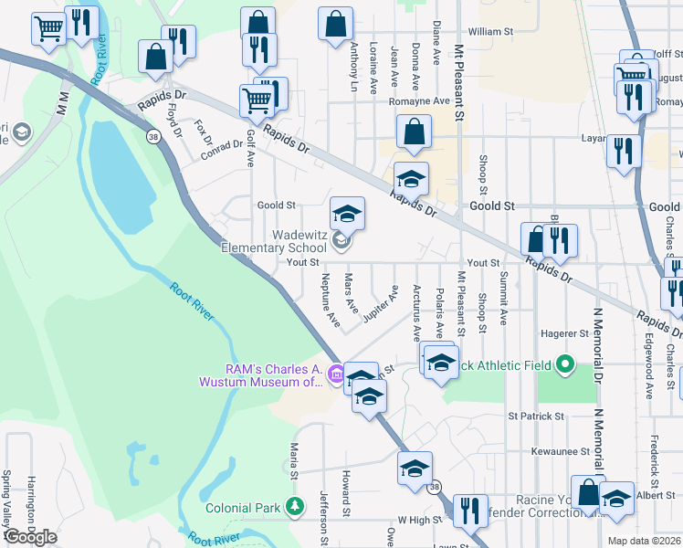 map of restaurants, bars, coffee shops, grocery stores, and more near 1949 Neptune Avenue in Racine