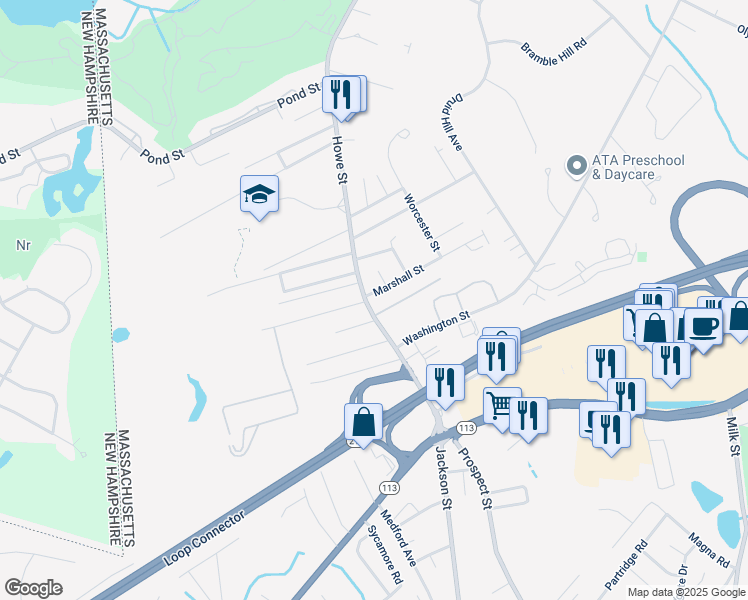 map of restaurants, bars, coffee shops, grocery stores, and more near 9 Marshall Street in Methuen