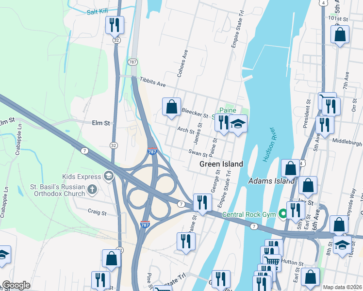 map of restaurants, bars, coffee shops, grocery stores, and more near 18 High Street in Green Island