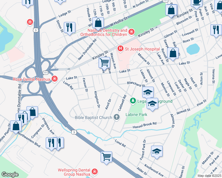 map of restaurants, bars, coffee shops, grocery stores, and more near 17 Kern Drive in Nashua