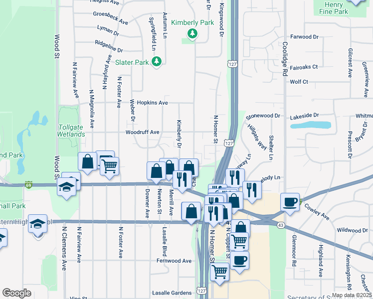 map of restaurants, bars, coffee shops, grocery stores, and more near 1035 Chester Road in Lansing