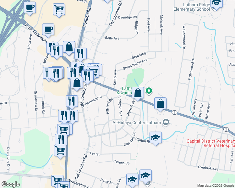 map of restaurants, bars, coffee shops, grocery stores, and more near 426 Troy-Schenectady Road in Latham