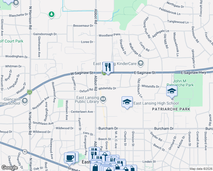 map of restaurants, bars, coffee shops, grocery stores, and more near 331 Whitehills Drive in East Lansing