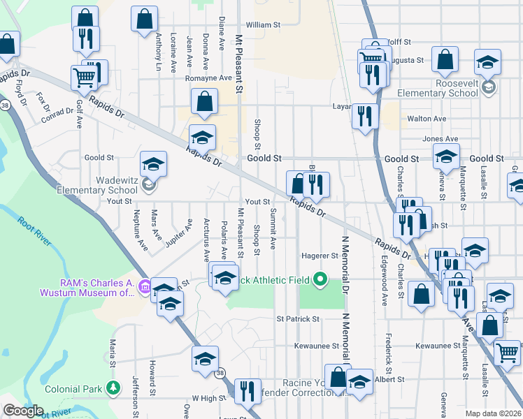 map of restaurants, bars, coffee shops, grocery stores, and more near 1921 Shoop St in Racine