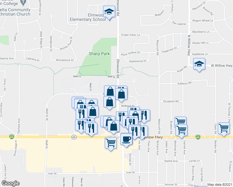 map of restaurants, bars, coffee shops, grocery stores, and more near 5200 Mall Drive West in Lansing