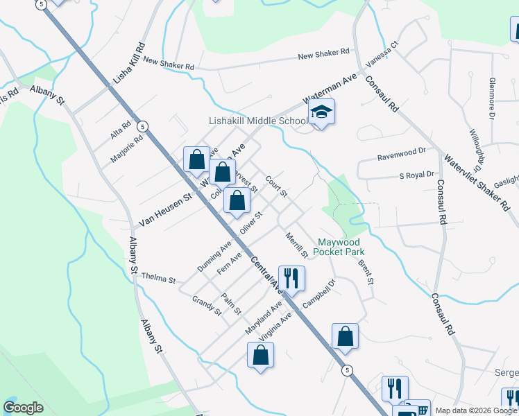 map of restaurants, bars, coffee shops, grocery stores, and more near 27 Oliver Street in Albany