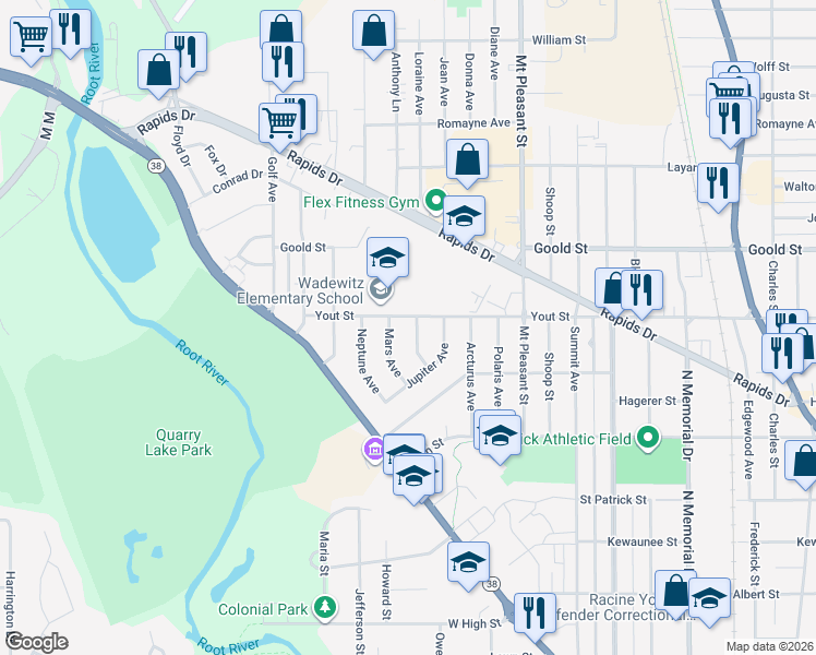 map of restaurants, bars, coffee shops, grocery stores, and more near 1944 Saturn Avenue in Racine