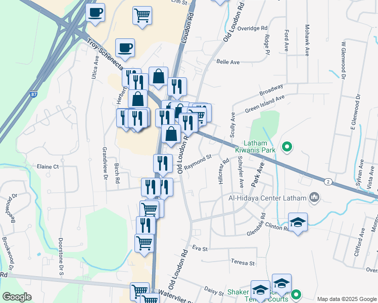 map of restaurants, bars, coffee shops, grocery stores, and more near 175 Old Loudon Road in Latham