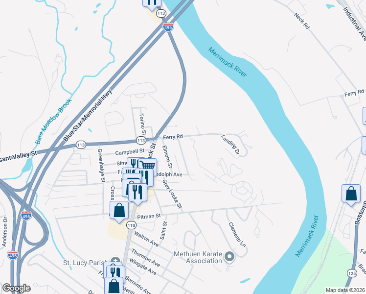 map of restaurants, bars, coffee shops, grocery stores, and more near 112 Baltic Street in Methuen