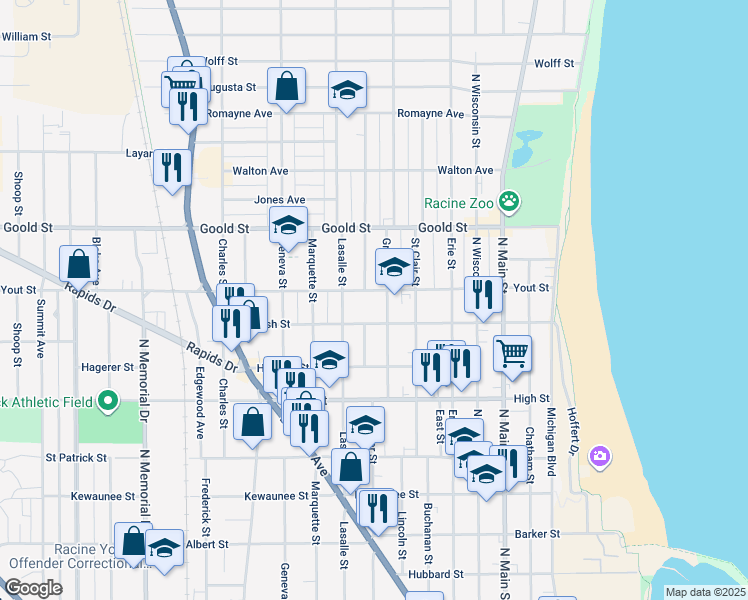 map of restaurants, bars, coffee shops, grocery stores, and more near 811 Yout St in Racine