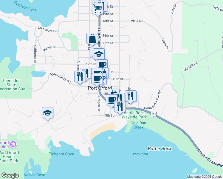 map of restaurants, bars, coffee shops, grocery stores, and more near 824 Washington Street in Port Orford