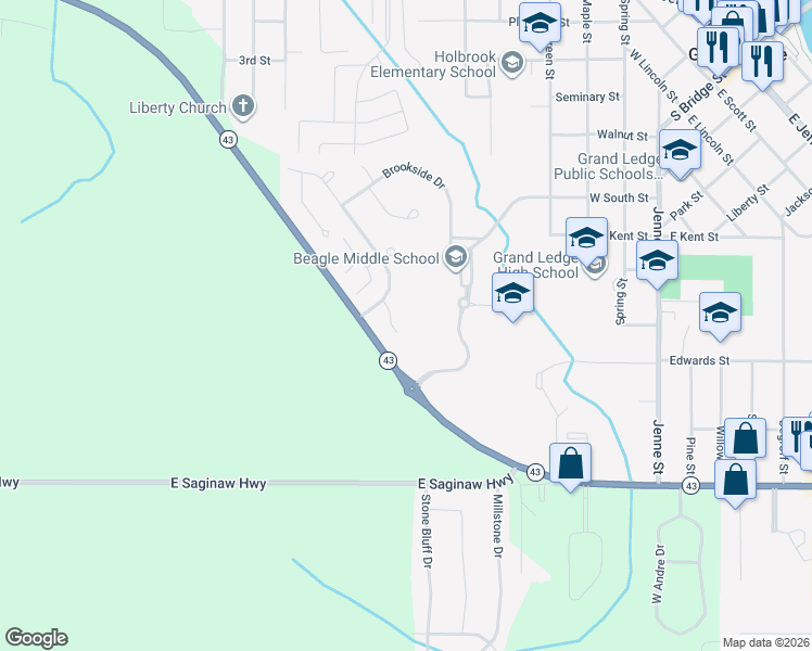 map of restaurants, bars, coffee shops, grocery stores, and more near 122 Registry Drive in Grand Ledge