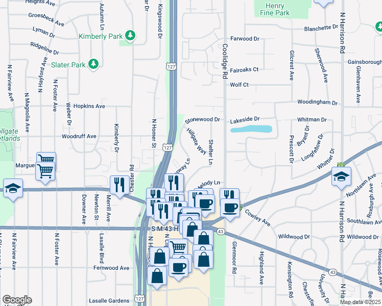 map of restaurants, bars, coffee shops, grocery stores, and more near 1119 Fairway Lane in Lansing