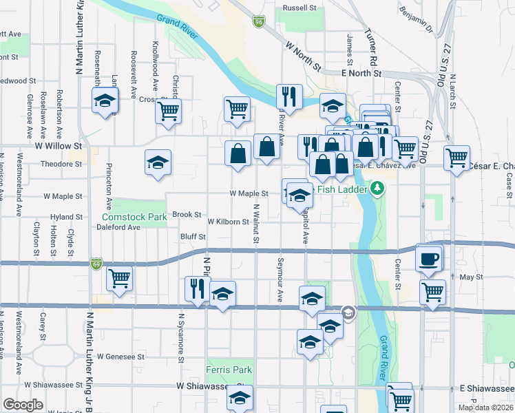 map of restaurants, bars, coffee shops, grocery stores, and more near 1012 North Walnut Street in Lansing