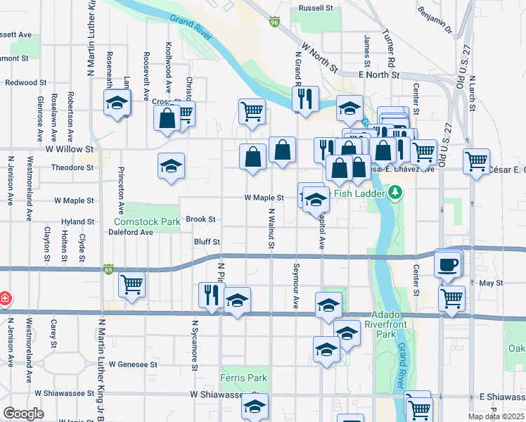 map of restaurants, bars, coffee shops, grocery stores, and more near 1018 North Chestnut Street in Lansing