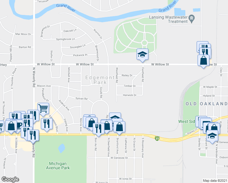 map of restaurants, bars, coffee shops, grocery stores, and more near 1010 Westfield Road in Lansing