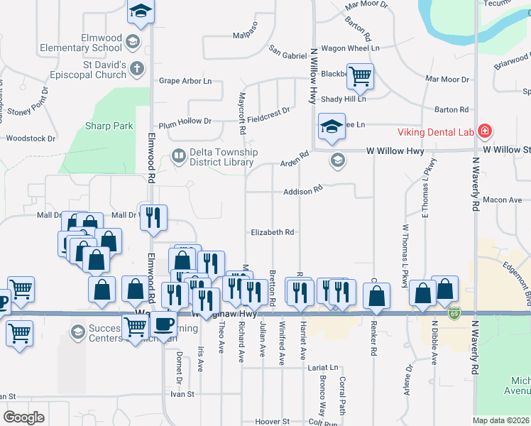 map of restaurants, bars, coffee shops, grocery stores, and more near 1020 Bretton Road in Lansing