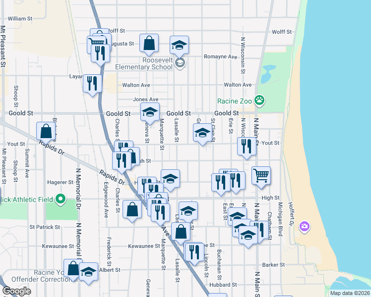 map of restaurants, bars, coffee shops, grocery stores, and more near 811 Yout Street in Racine